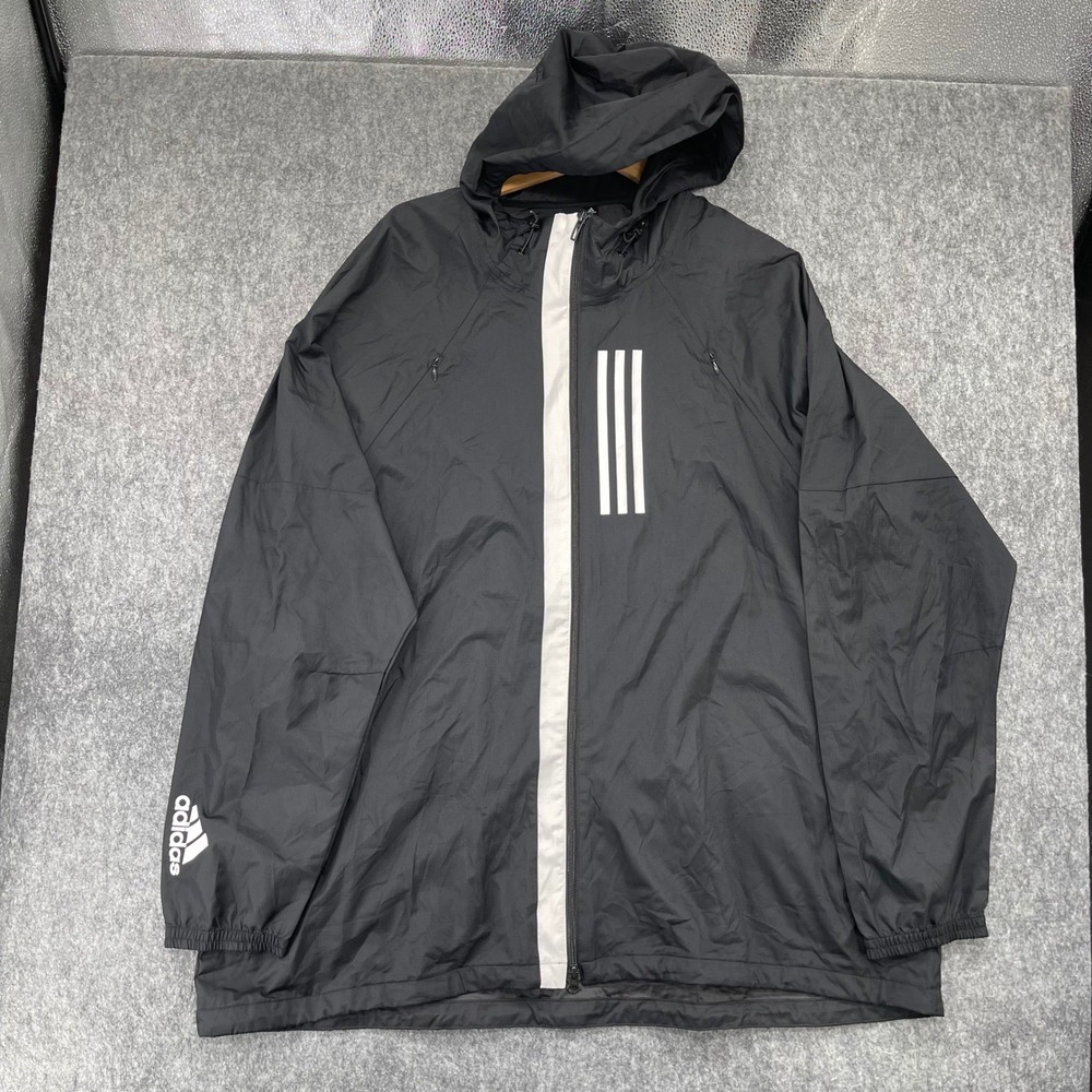 Adidas Windbreaker Mens 3XL Full Zip Hooded Jacket Black White Three Stripe Logo